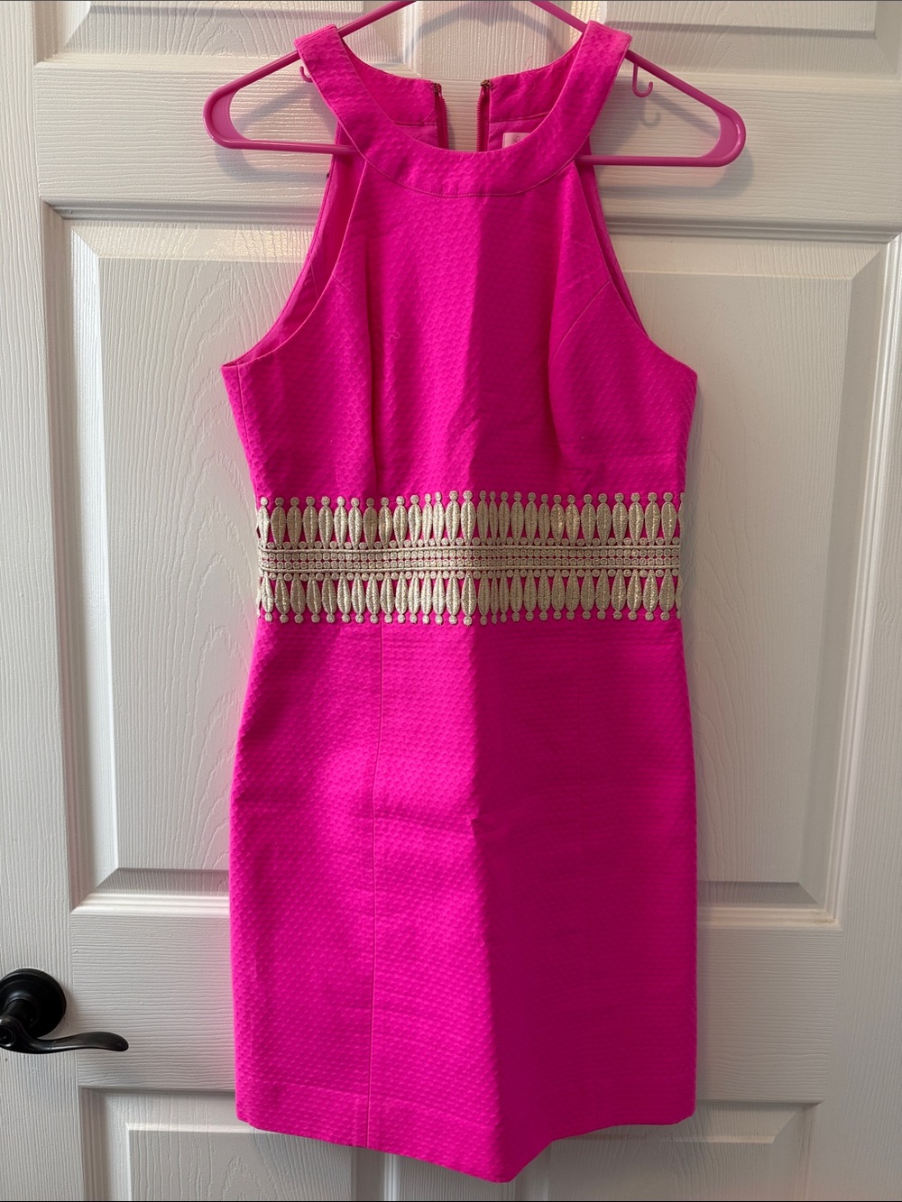 Lilly Pulitzer Hot Pink Sleeveless Sheath Dress with Gold Waist Trim